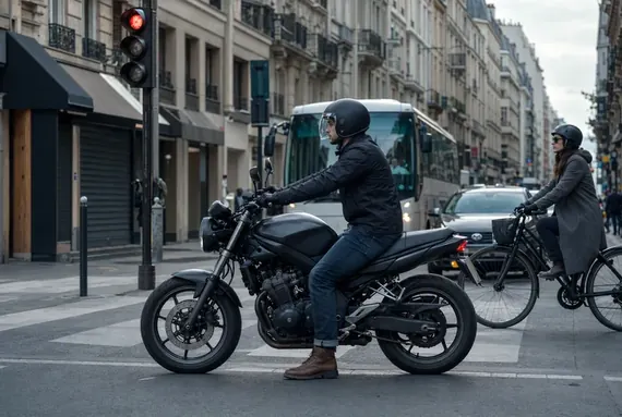 Moto ferma a un semaforo rosso in città, tragitto breve